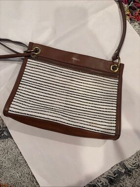 Fossil Brown Leather Crossbody with Black and White Stripes